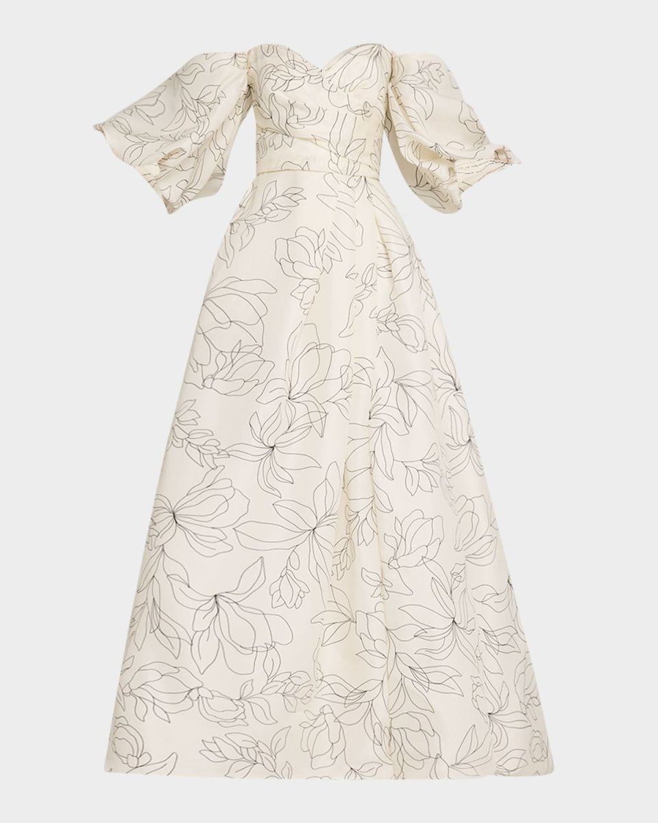 Off-The-Shoulder Floral Blouson-Sleeve Ball Gown